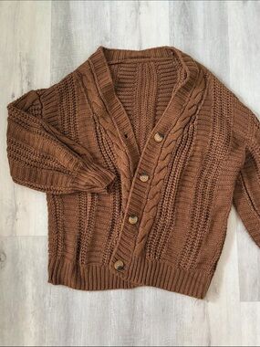 Brown Cable Knit Button-Front Women's Sweater Cardigan